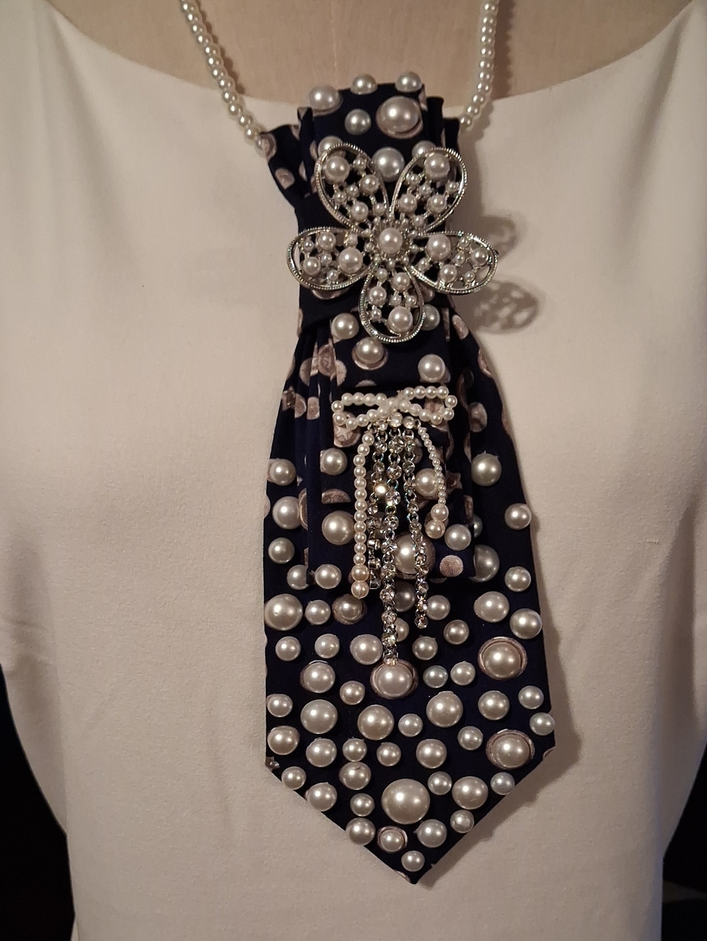 Pearl-Embellished Navy Necktie Necklace
